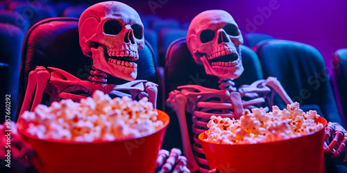 Pair of skeletons eating popcorn in a movie theater, horror film screening