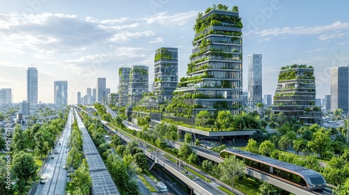 Futuristic Cityscape with Green Buildings and Elevated Train