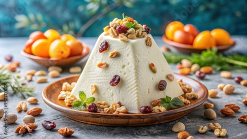 Russian Easter paskha dessert with traditional curd cheese, decorated with dried fruits and nuts, Russian, Easter