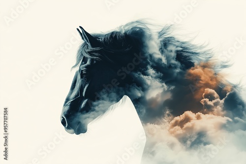 Horse head silhouette with dramatic clouds double exposure