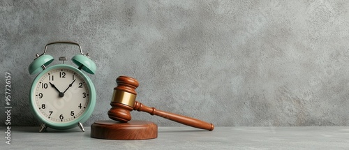 A close-up of a clock and a gavel on a textured surface, symbolizing time management in legal matters and justice.