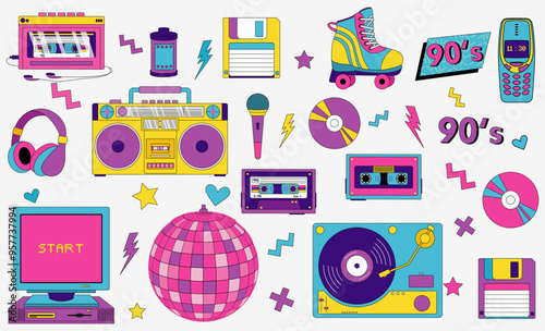 Back in to 90's themed collection. featuring music, tech, fashion, and lifestyle items. Perfect for nostalgic designs or retro inspired projects. Vector Illustration