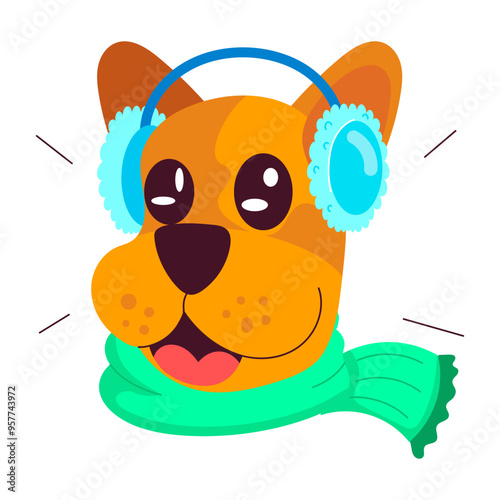 A flat style sticker of winter dog with scarf and earmuffs 