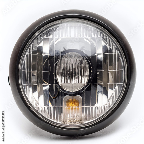 A close-up view of a circular headlight featuring a clear lens with intricate details and a metallic housing against a white background