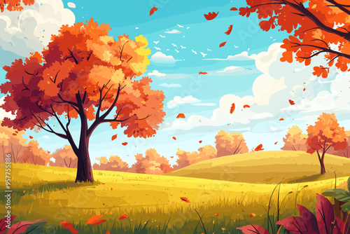 Illustration depicting a cartoon style autumn landscape background with trees rendered in cartoon