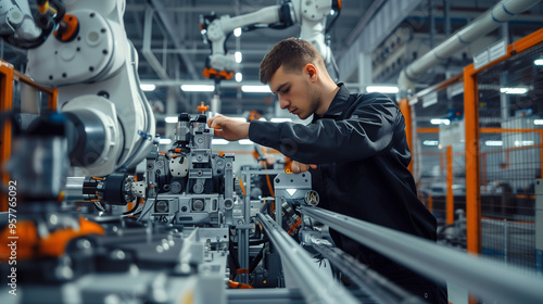 Engineer calibrating robotic arm in advanced manufacturing facility