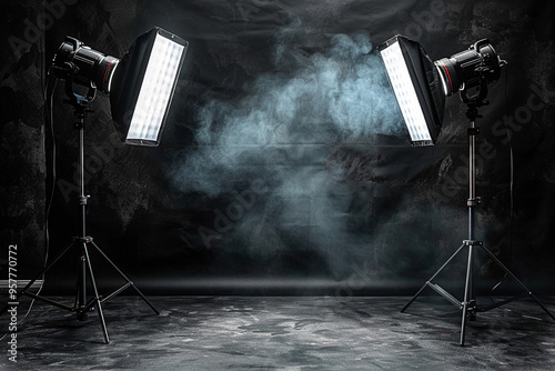 black studio background illuminated by white lighting sets stage for professional stock photography 