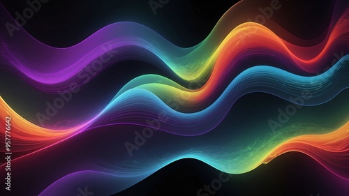 Colorful waves undulate gracefully across a dark background, embodying a sense of motion and rhythm in an abstract visual that captivates the eye.