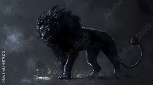 Black lion an enigmatic chimera emerges from the shadows its form. Chimera. Illustration