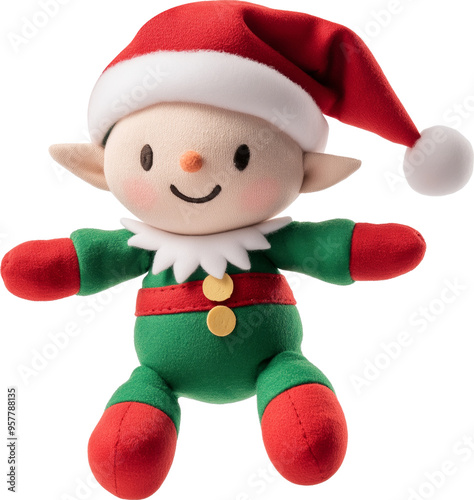 Adorable plush elf toy wearing a festive red hat and green outfit isolated on transparent background.