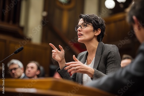 A female politician in a legislative chamber. She’s speaking passionately during a session with other lawmakers