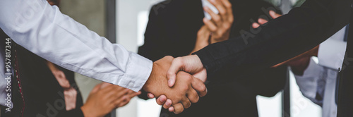 Banner Lawyer teamwork partnership Businessman handshake together. Panorama Two Men Trust honesty lawfirm business handshake promise respect partner. Diversity solidarity team Partner hands together