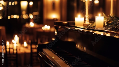 An intimate setting with a pianist playing classical music by candlelight,