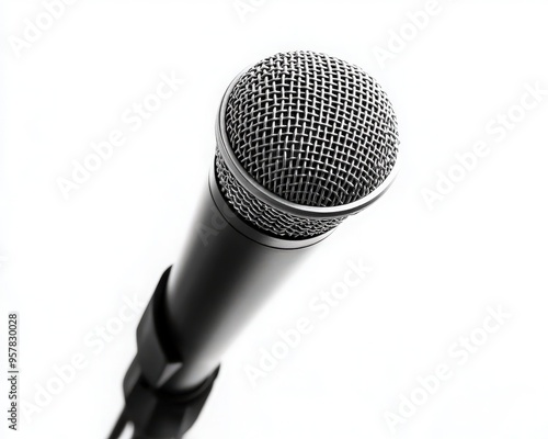 Close-up view of a sleek microphone on a plain background, ideal for music, speeches, and recording projects.