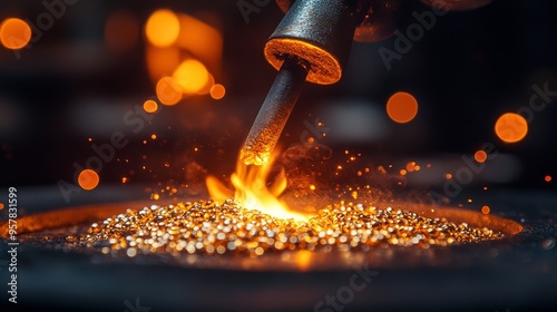 Goldsmiths use torches to melt small pieces of gold with intense flames and glowing metal in a controlled environment. The image highlights the precision and care taken in the gold refining process.