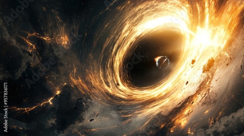 Deep space exploration, spacecraft navigating a black hole, intense gravitational forces, dynamic and dramatic visuals