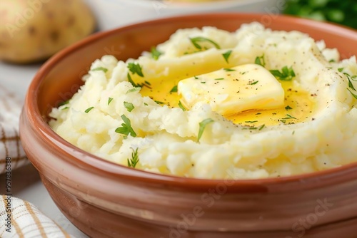 A close-up of a bowl of creamy mashed potatoes with a pat of butter melting on top, garnished with fresh herbs, warm and inviting lighting