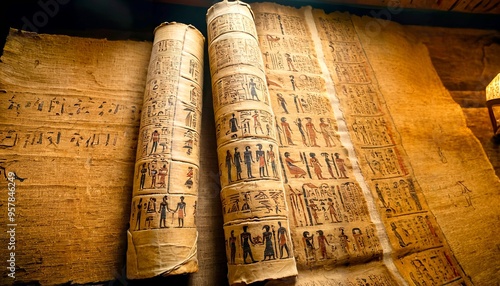 Close-up of ancient Egyptian papyrus scrolls, adorned with intricate hieroglyphics and vibrant colors. 1