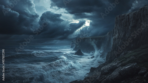 A dramatic sky filled with dark storm clouds over a restless sea, with waves crashing against rocky cliffs