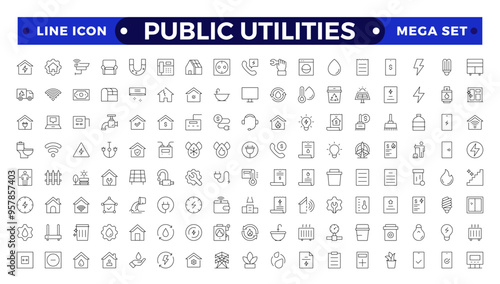 Public utilities, service. Set of Outline icons in linear style. Electricity, water supply, gas supply, drainage, garbage removal, major repairs, cold, hot water. Outline conceptual pictogram.