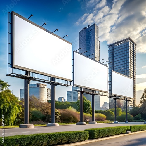 Three blank billboards stand tall in a city setting. offering prime advertising space for your message.