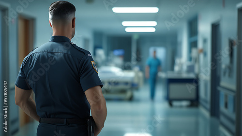 Back view of a uniformed officer standing alert in a hospital corridor. Dark blue official uniform. Generative AI illustration 