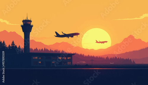 Aeronautical Sunset: Two Planes Soaring Over a Mountainous Landscape