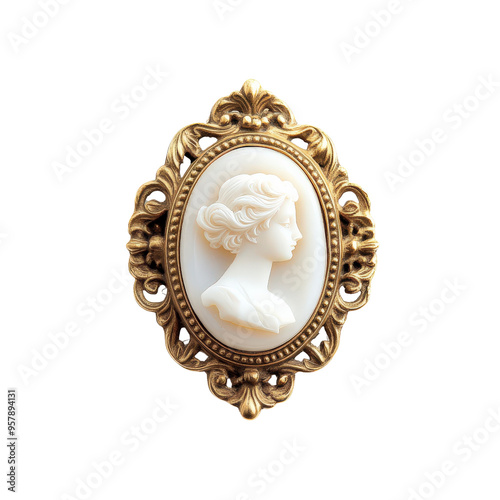 Exquisite vintage cameo brooch with intricate golden frame, featuring a detailed profile of a woman, perfect for elegant fashion statement.