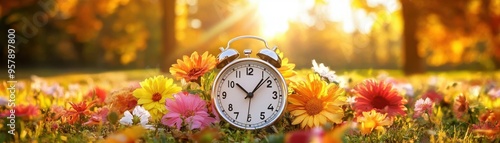 Alarm Clock in Blooming Wildflowers Meadow at Sunset