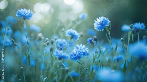 Selective focus on cornflowers with plant background