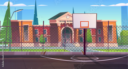 Basketball court on street outside school cartoon background. Basket ball playground area in cite near university building. Sport stadium for outdoor game illustration. Education environment scene