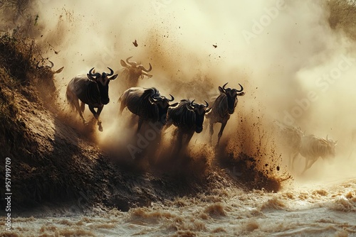 A dramatic scene of wildebeest stampeding down a steep riverbank, dust swirling in the air, motion blur, dynamic shot, intense action, natural light