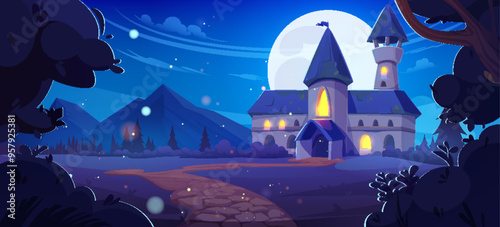 Fairy castle with light in windows at night. Cartoon vector dark dusk mountains and forest spooky landscape with road leading to magic tale royal palace with towers and gates under moonlight.