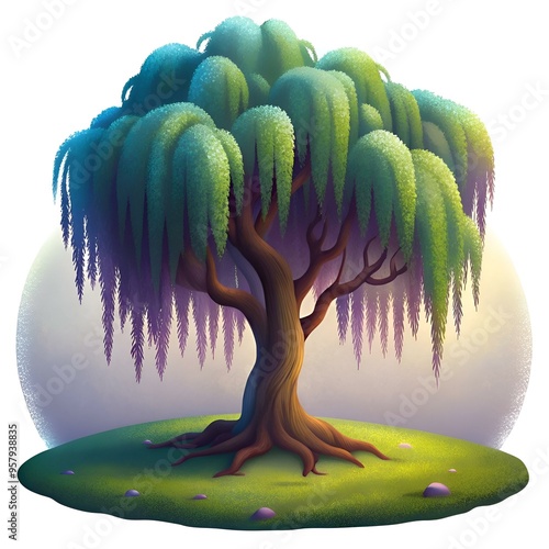 A vibrant 3D illustration of a majestic weeping willow tree with lush foliage and a twisted. gnarled trunk.