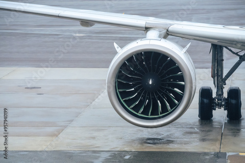 Close-up of an Airplane Engine and Runway