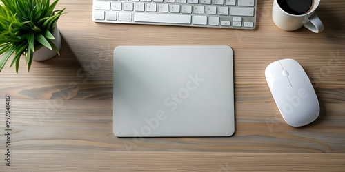 A simple yet elegant image of a white computer mouse resting on a wooden desk. beside a grey mousepad.