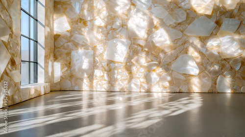 Epic shining luxurious empty room in mother-of-pearl tones flooded with sunlight.