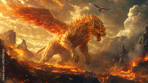 Fierce chimera prowling mythical landscapes, phoenix rising in the background, epic scene. Chimera. Illustration