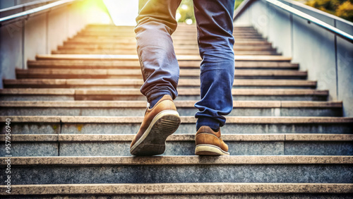 Man Walking Up Stone Stairs. Steps To Success. Upward Mobility. Business Growth. Concrete Steps. 