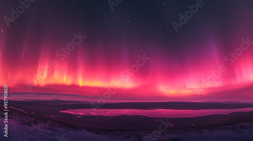 Aurora Proton, intense pink and orange light fills the night sky, forming electromagnetic wave patterns over the tundra, Ai generated images