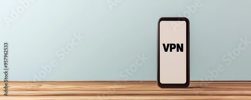 Mobile phone displaying VPN service on a wooden table against a blue wall, representing online privacy and security.