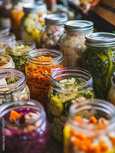 A vibrant array of jars filled with textured, anaerobically fermented delights highlights their diverse ingredients.