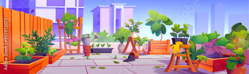 House terrace on rooftop with garden. Cartoon vector of balcony on city skyscraper roof with plants with green leaves and flower blossom in pot and gardening tools on town buildings background.