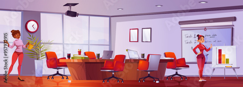 Business women working in office. Vector cartoon illustration of meeting room with laptops and documents on desk, female characters preparing for presentation, team building lecture, watering flowers