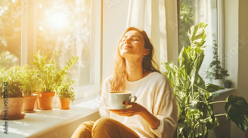 Inhaling fresh air enjoying coffee in the morning time Girl inhaling fresh air relaxing at home