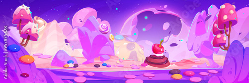 Pink candy land background for game level ui design with cookies and caramels, marshmallow trees and confectionery hills. Cartoon vector sweet dessert childish dreamland panorama with cute sugar food.