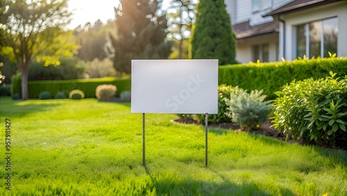 A blank white sign stands tall in a lush green lawn. ready for your message.