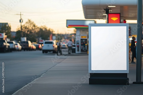 Blank billboard standing on a sidewalk next to a busy street with drivers at sunset