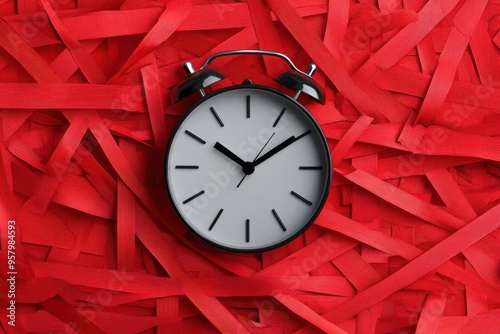 Clock face surrounded by red tape and official stamps, illustrating how bureaucracy entangles time, clock, bureaucracy