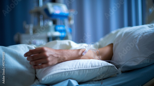 Patient in hospital bed receiving IV treatment, closeup of arm with intravenous line, healthcare and recovery concept.